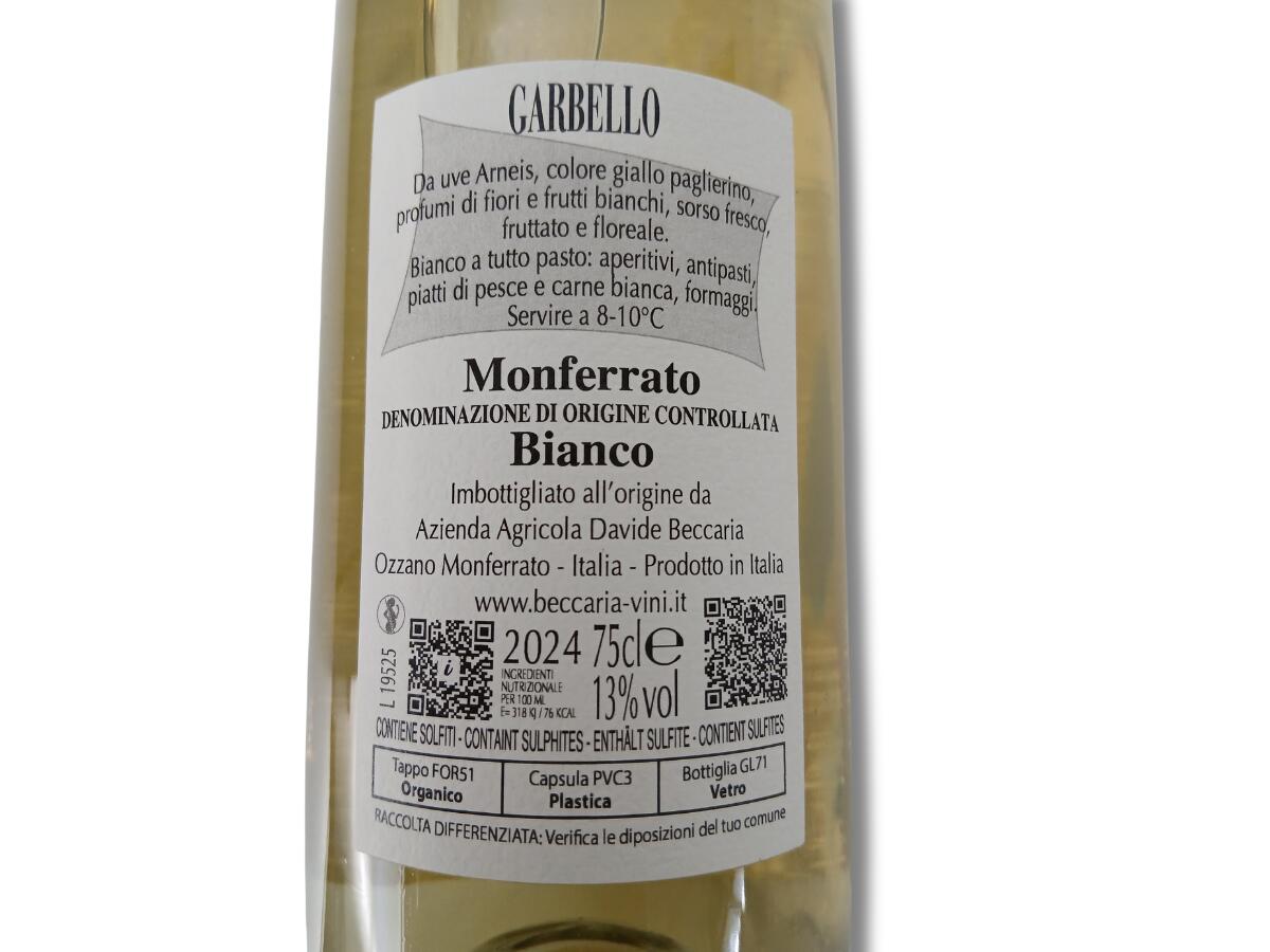 etichetta 1 GARBELLO MONFERRATO BIANCO DOC 2024 0,75 LT